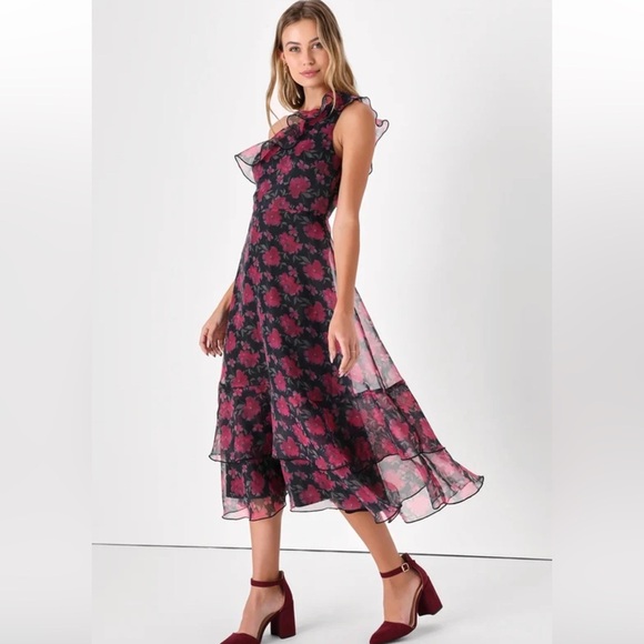 Lulu’s Sweet Romantic Black Floral Print Organza One-Shoulder Dress Size L - Picture 3 of 9